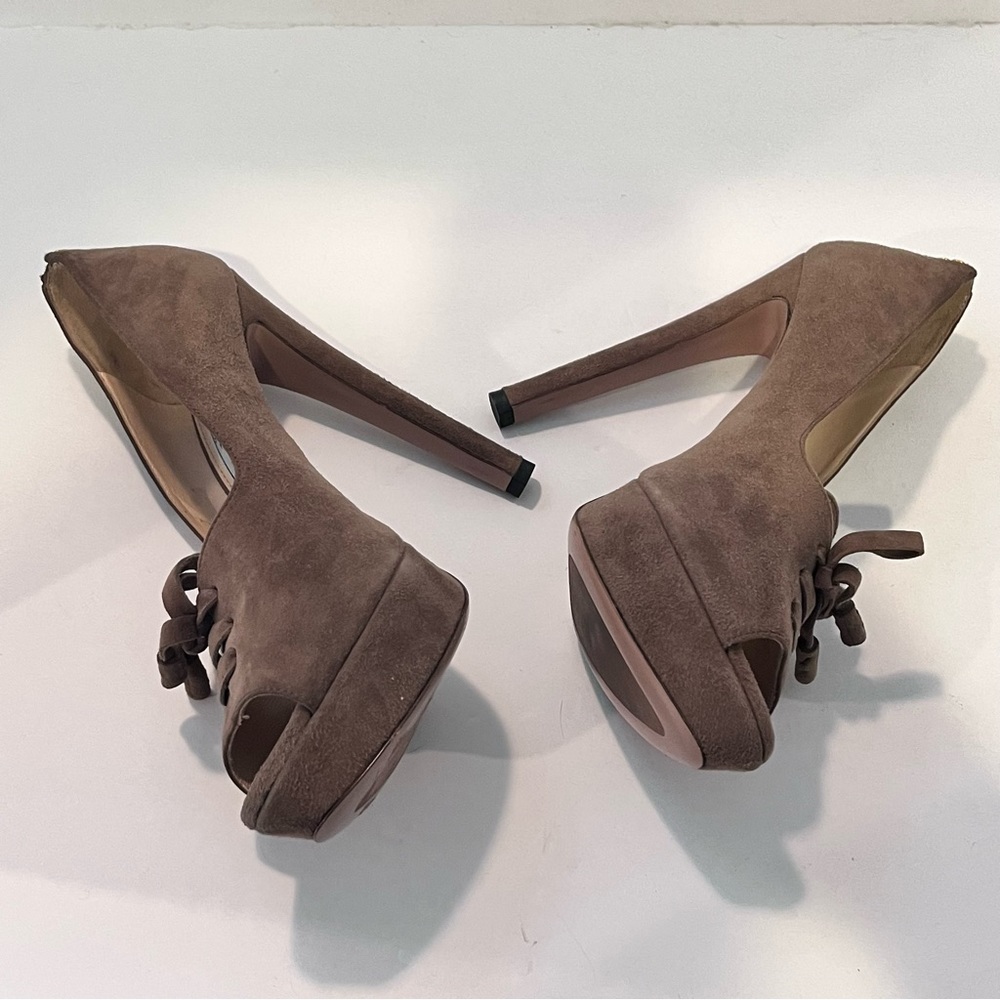 Prada Women’s 39.5 Brown Leather Suede Peep Toe High Heel Pumps - Picture 15 of 16